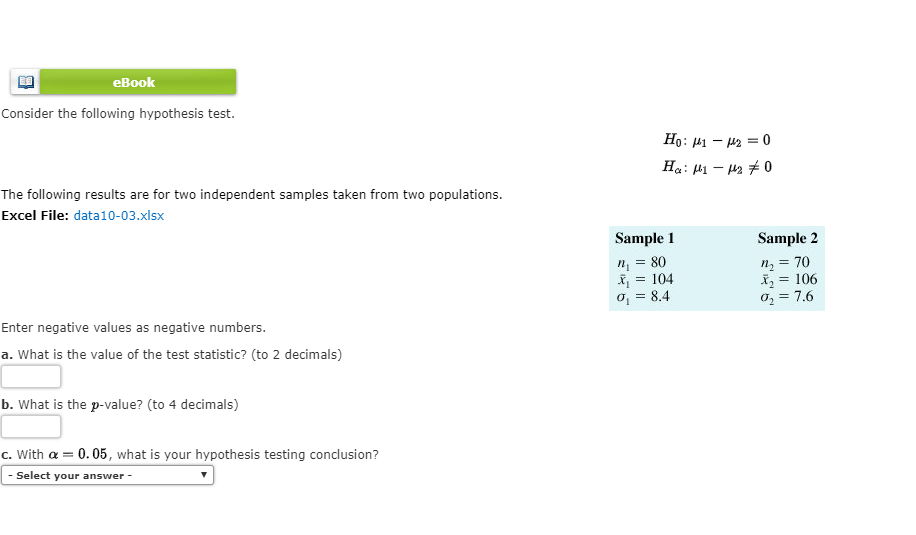 Solved EBook Consider The Following Hypothesis Test. Ho: M1 | Chegg.com