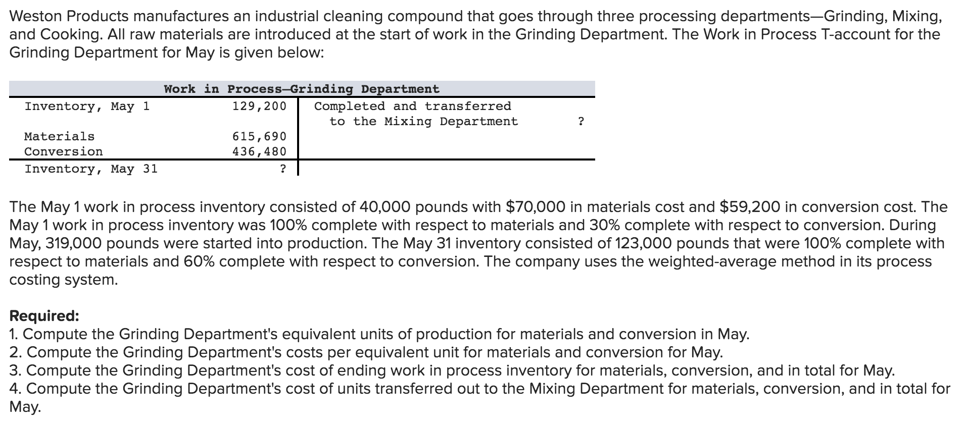 Solved Weston Products manufactures an industrial cleaning