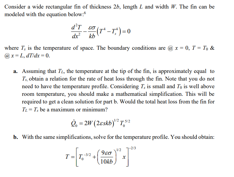 Solved Consider a wide rectangular fin of thickness 2b, | Chegg.com