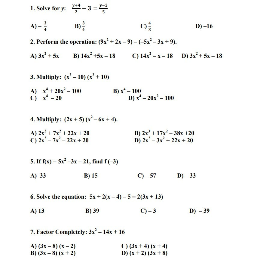 Solved y-3 1. Solve fory: - 4 B) C) D)-16 4 4 2. Perform the | Chegg.com