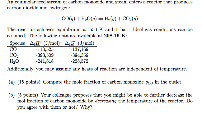 Solved An equimolar feed stream of carbon monoxide and steam | Chegg.com