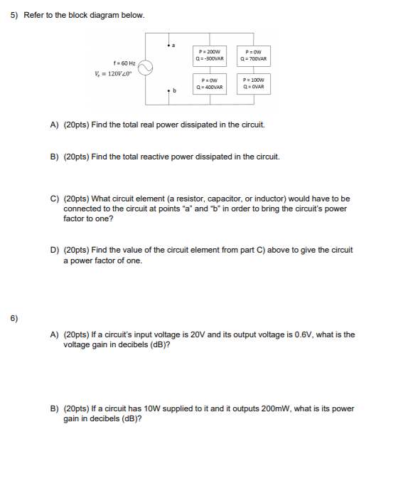 Solved 5) Refer to the block diagram below. P200w Q=-30OVAR | Chegg.com