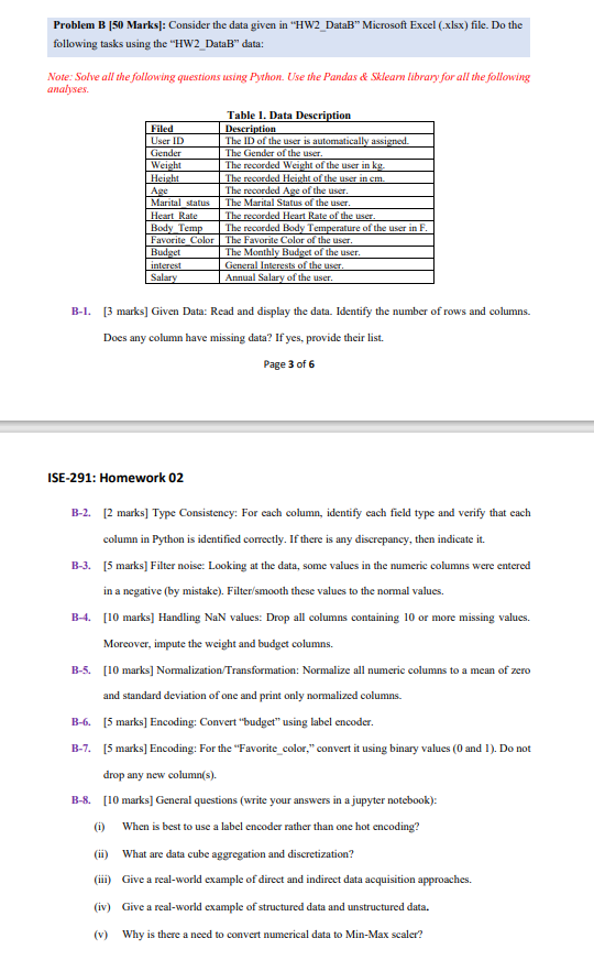 Problem B [50 Marks]: Consider The Data Given In "HW2 | Chegg.com