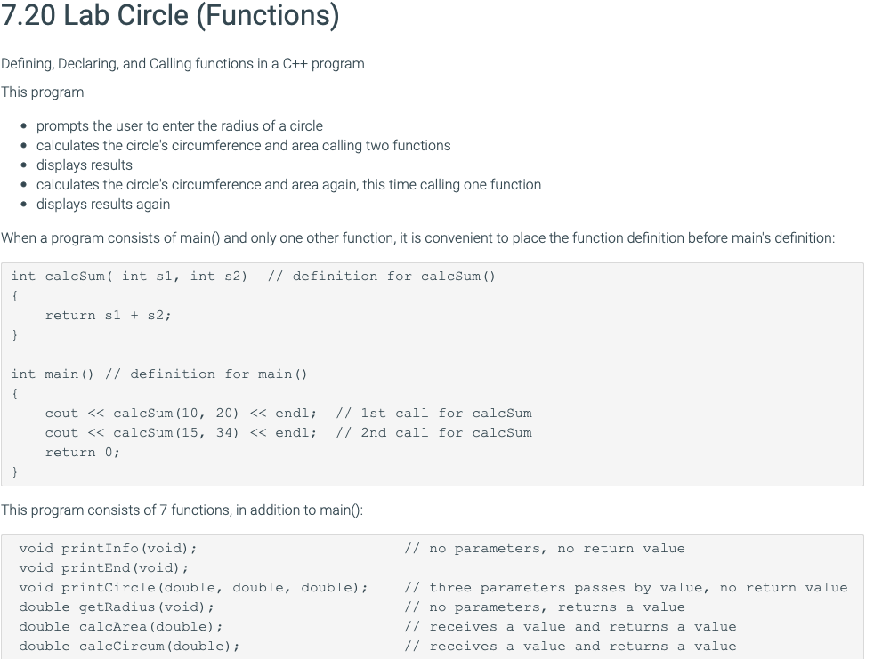 Solved 7.20 Lab Circle (Functions) Defining, Declaring, and | Chegg.com