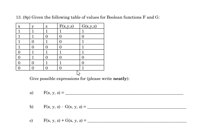 Solved 13. (8) Given the following table of values for | Chegg.com