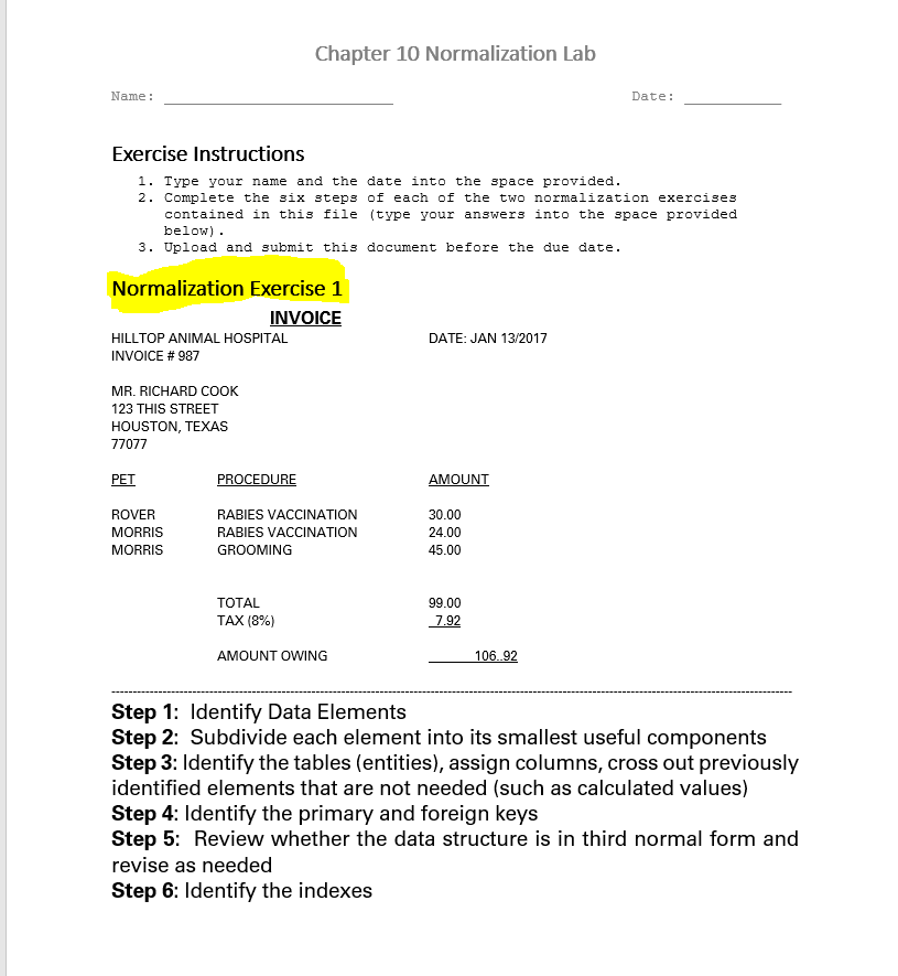 Solved Chapter 10 Normalization Lab Name: Date: Exercise | Chegg.com