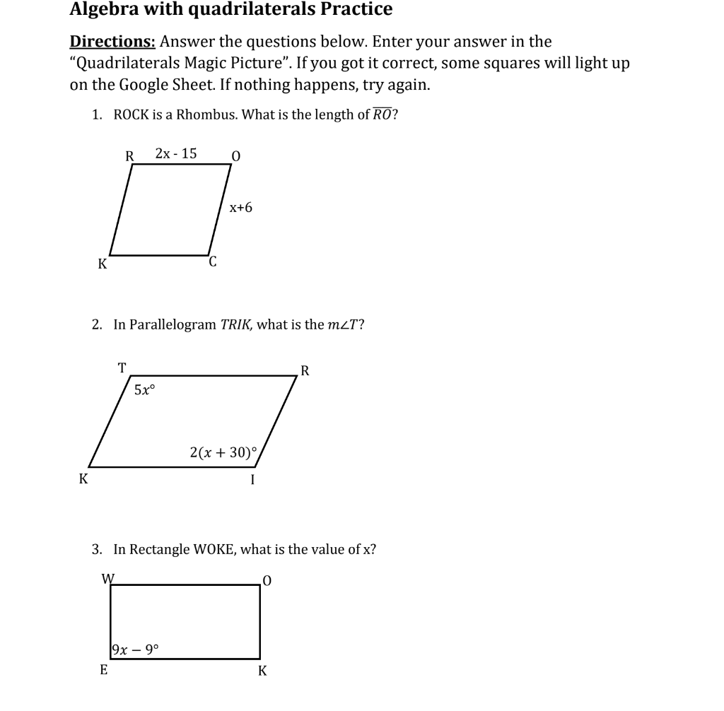 Solved Algebra with quadrilaterals Practice Directions: | Chegg.com