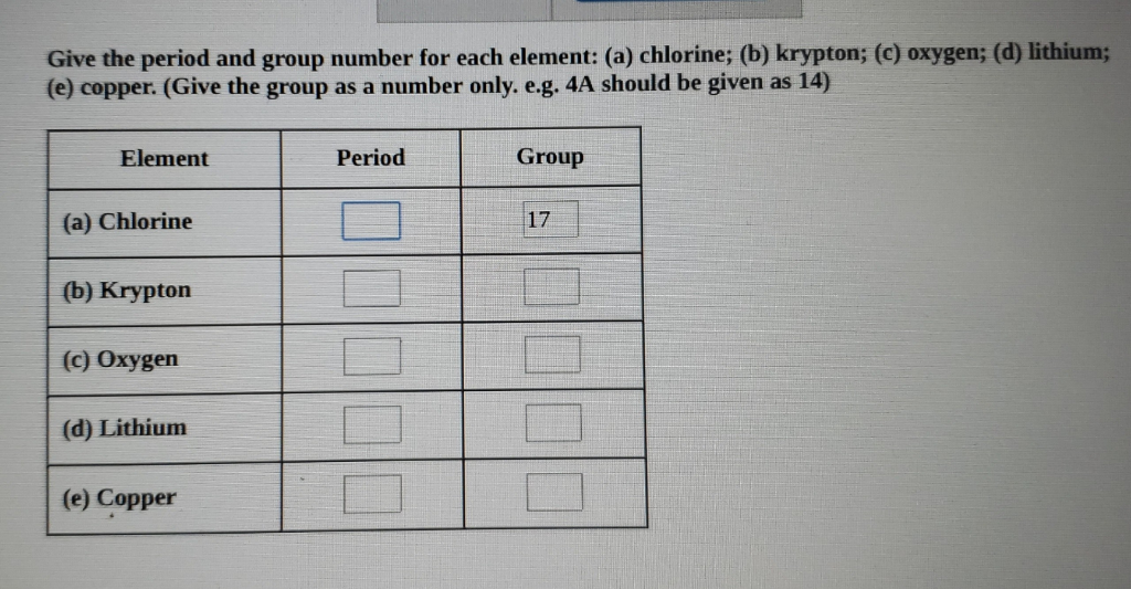 Solved Give the period and group number for each element