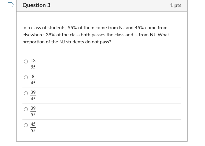 Solved Question 3 1 pts In a class of students, 55% of them | Chegg.com