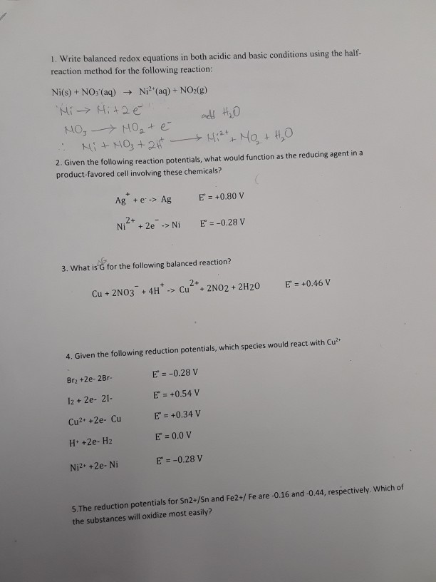 Solved 1 Write Balanced Redox Equations In Both Acidic A Chegg Com