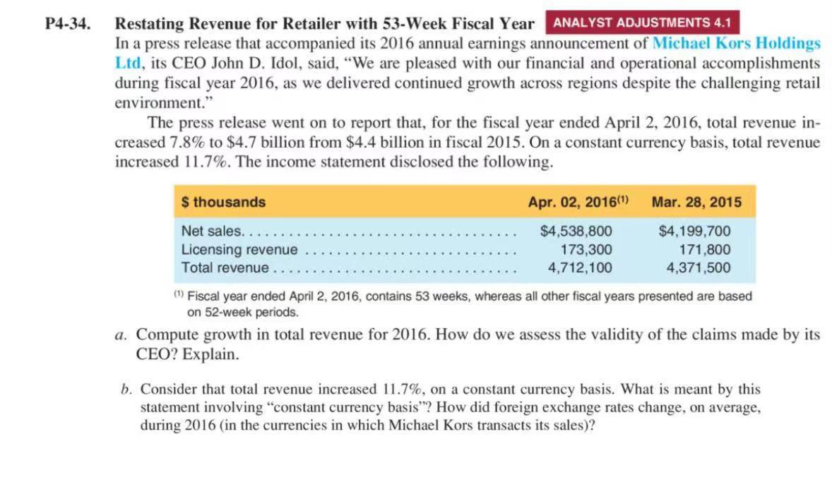 Solved P4 34 Restating Revenue For Retailer With 53 Week Chegg