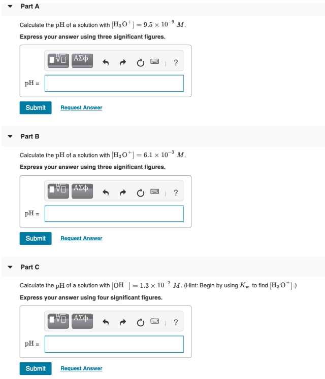 Solved Part A Calculate the pH of a solution with [H3O+] = | Chegg.com