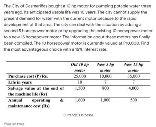 The City of Dasmariñas bought a 10 hp motor for pumping potable water three
years ago. Its anticipated usable life was 10 yea
