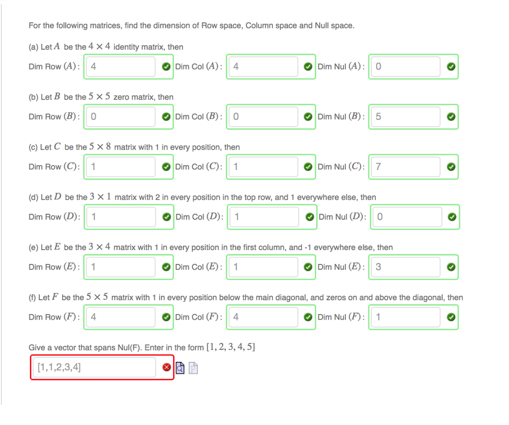 Solved For the following matrices find the dimension of Row