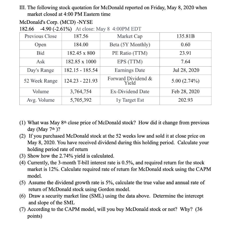 Solved III. The Following Stock Quotation For McDonald | Chegg.com