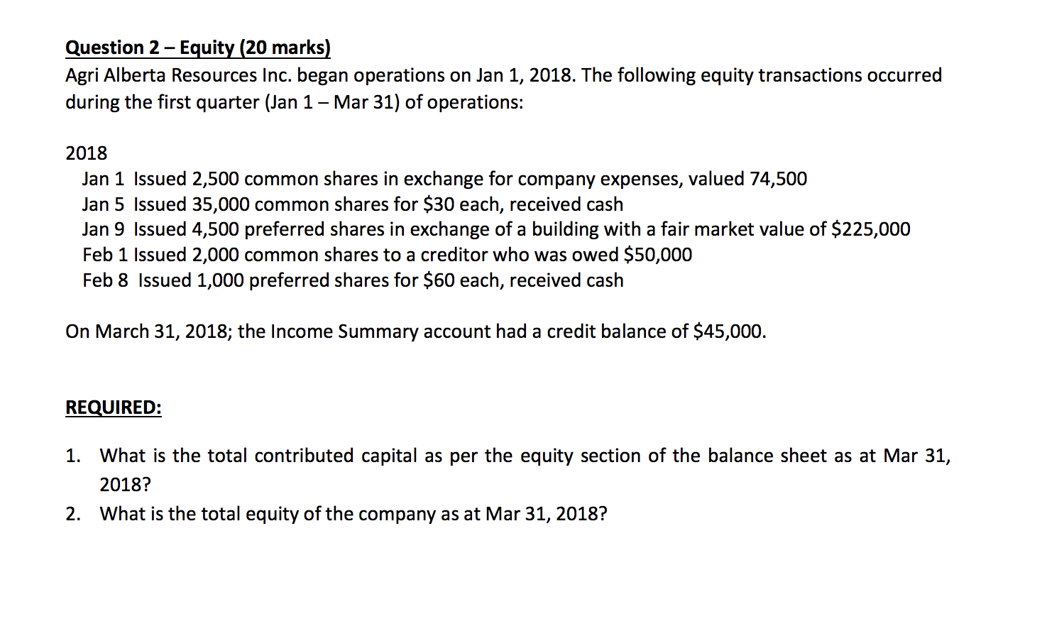 Solved Question 2 – Equity (20 marks) Agri Alberta Resources | Chegg.com