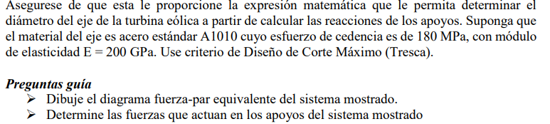 Asegurese de que esta le proporcione la expresion matemática que le permita determinar el diámetro del eje de la turbina eóli