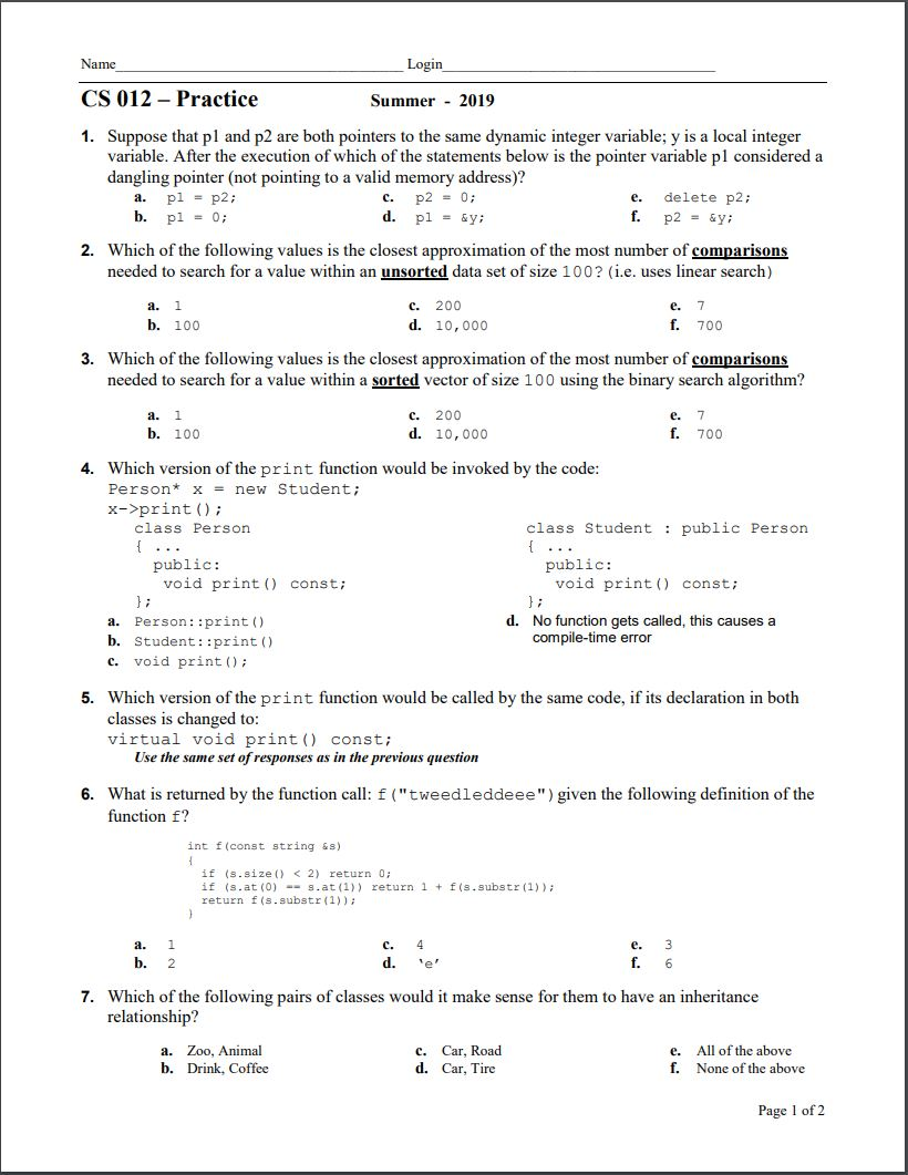 Solved Name Login CS 012 - Practice Summer - 2019 1. Suppose | Chegg.com