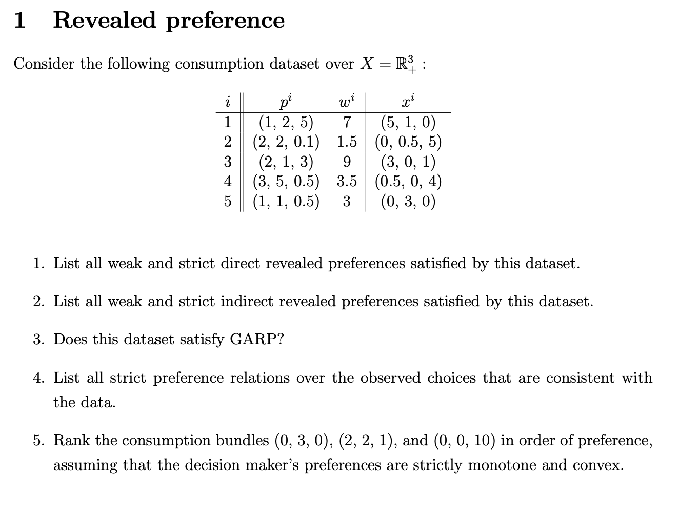 Solved 1 Revealed Preference Consider The Following Chegg Com