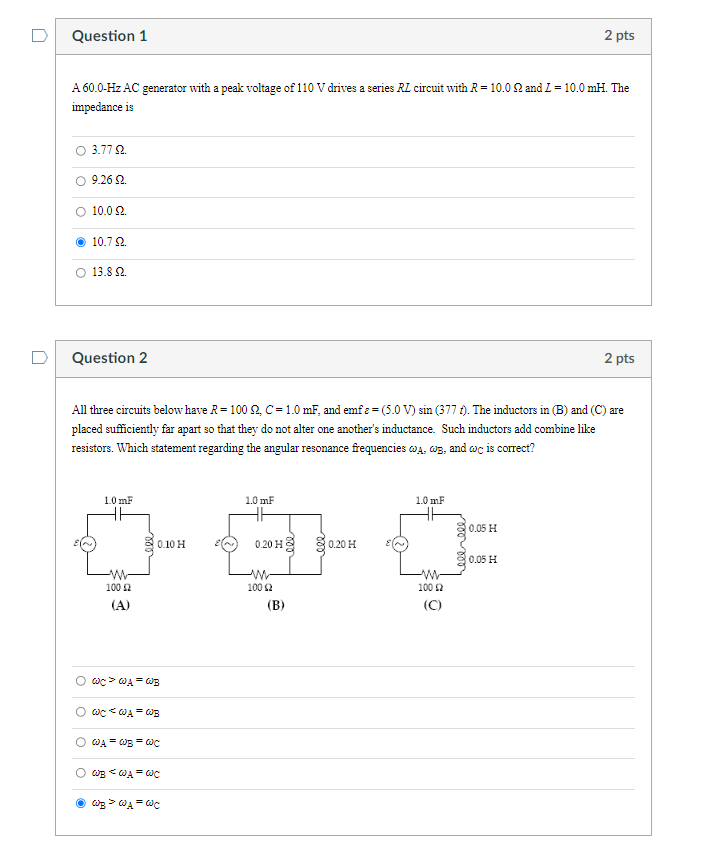 A \( 60.0 \)-Hz AC generator with a peak voltage of \( 110 \mathrm{~V} \) drives a series \( R L \) circuit with \( R=10.0 \O