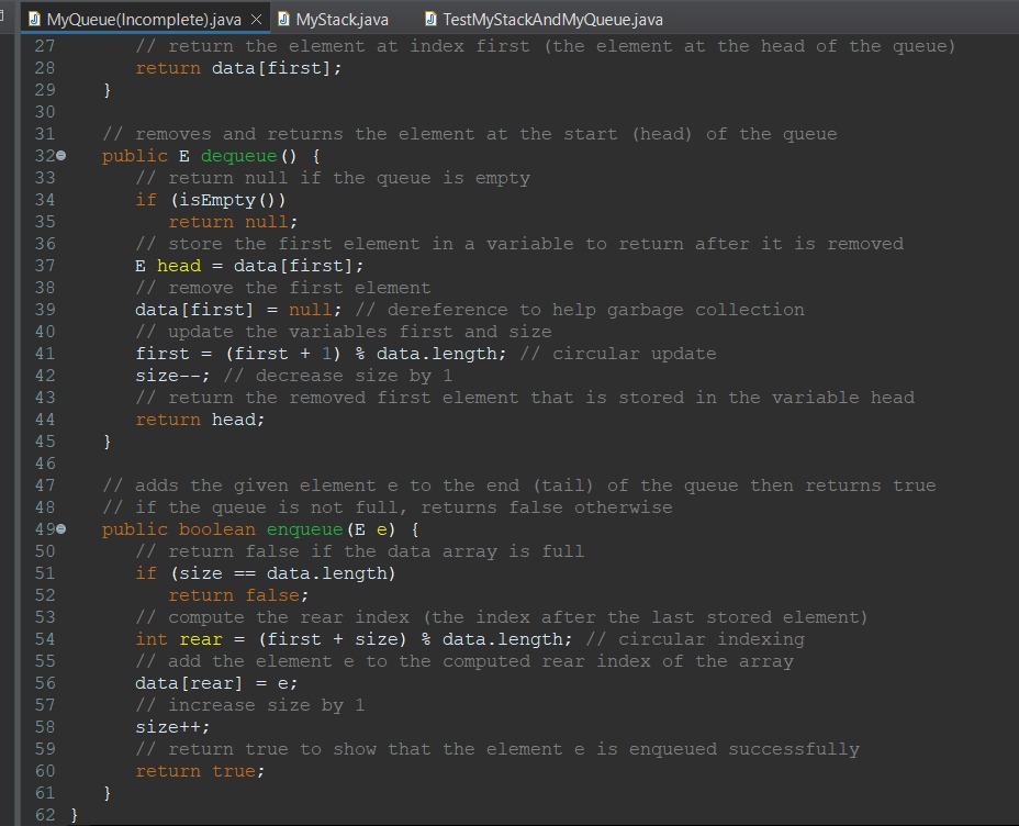 Solved yQueue(Incomplete).java 』 lestMyStackAndMyQueue.java | Chegg.com