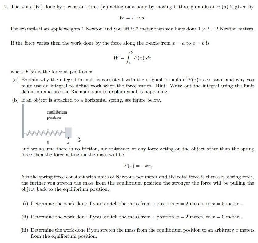 Solved 2. The work (W) done by a constant force (F) acting | Chegg.com