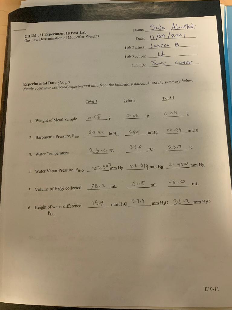 Name CHEM 031 Experiment 10 PostLab Gas Law