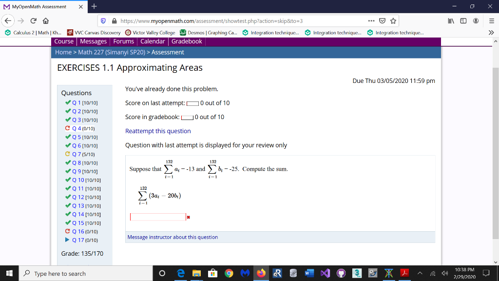 Solved M MyOpenMath Assessment X + - O X Io = Integration | Chegg.com