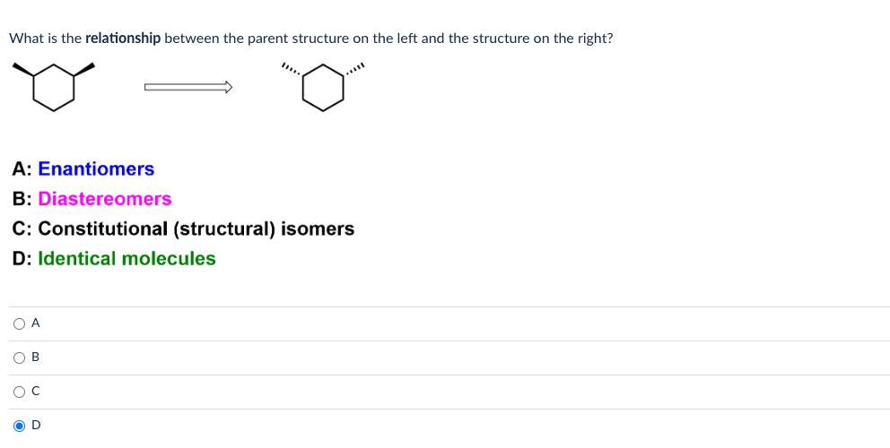 What is the relationship between the parent structure on the left and the structure on the right?
A: Enantiomers
B: Diastereo