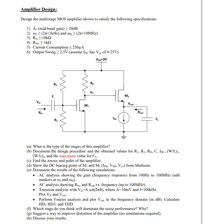 Amplifier Design: Design the multistage MOS amplifier | Chegg.com