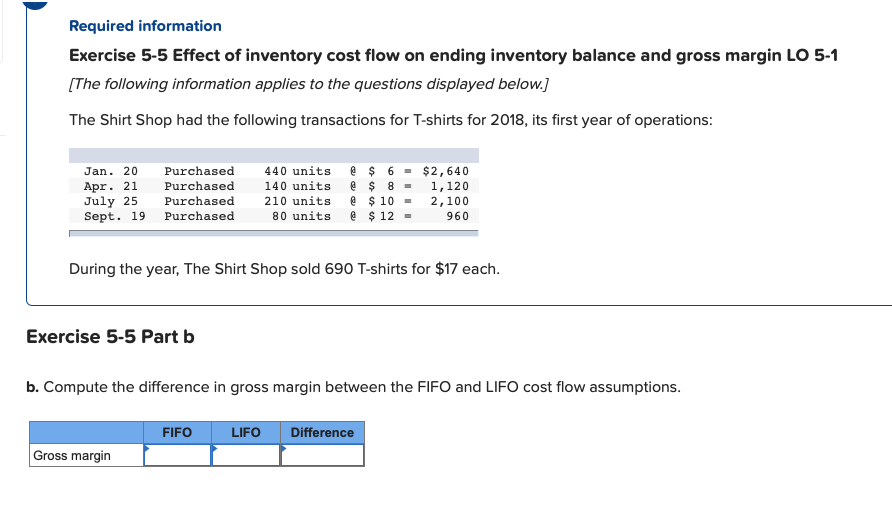 Required information exercise 5-5 effect of inventory cost flow on ending inventory balance and gross margin lo 5-1 [the foll