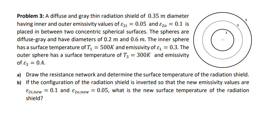 Problem 3: A diffuse and gray thin radiation shield of \( 0.35 \mathrm{~m} \) diameter having inner and outer emissivity valu