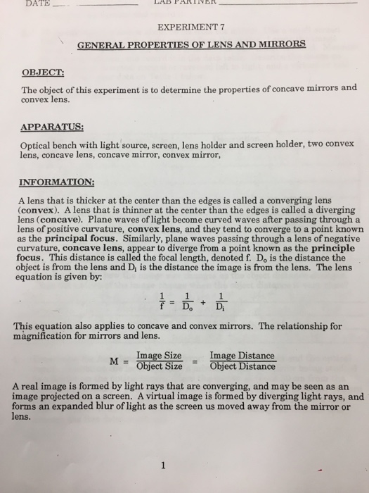 Solved DATE EXPERIMENT 7 GENERAL PROPERTIES OF LENS AND