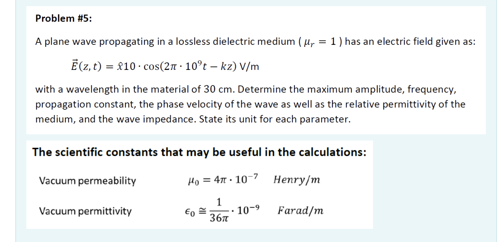 Problem #5: A plane wave propagating in a lossless | Chegg.com