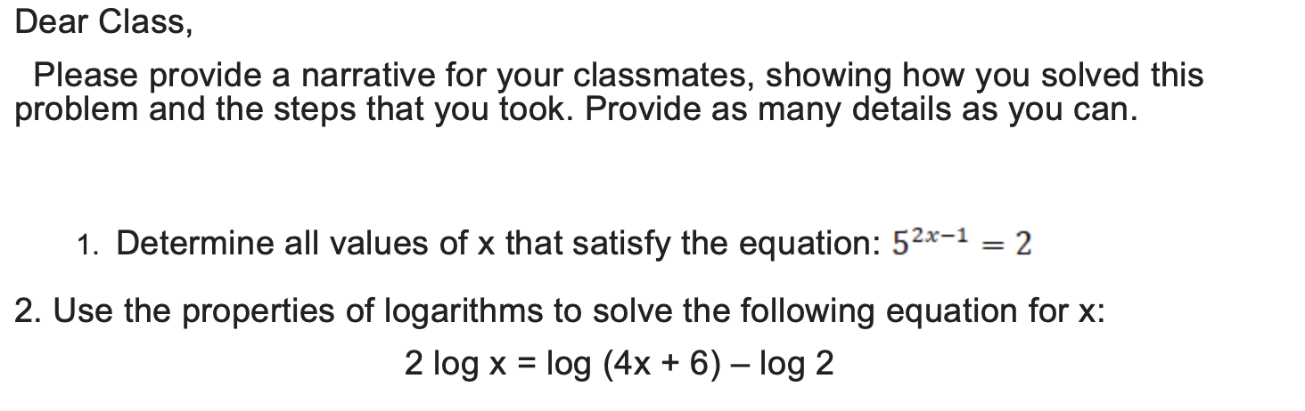 Solved Dear Class,Please provide a narrative for your | Chegg.com