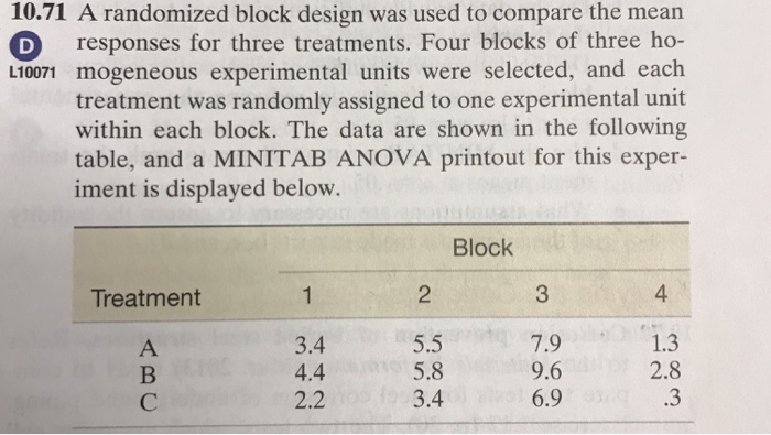 Randomized Block Design Statistics Example Problems Solved 10.71 A randomized block design was used to compare | Chegg.com