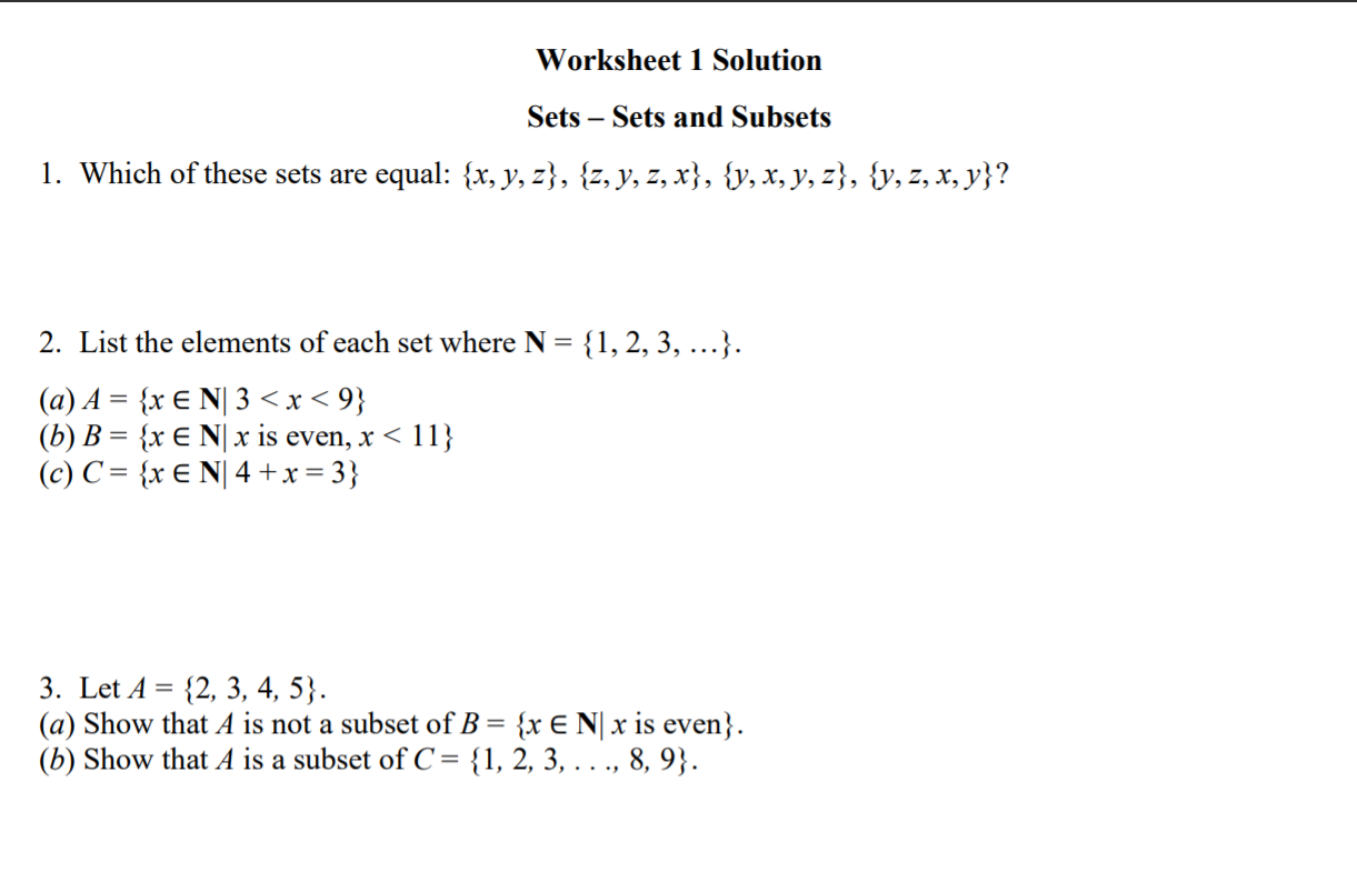 Solved Worksheet 1 Solution Sets Sets And Subsets 1 Wh Chegg Com