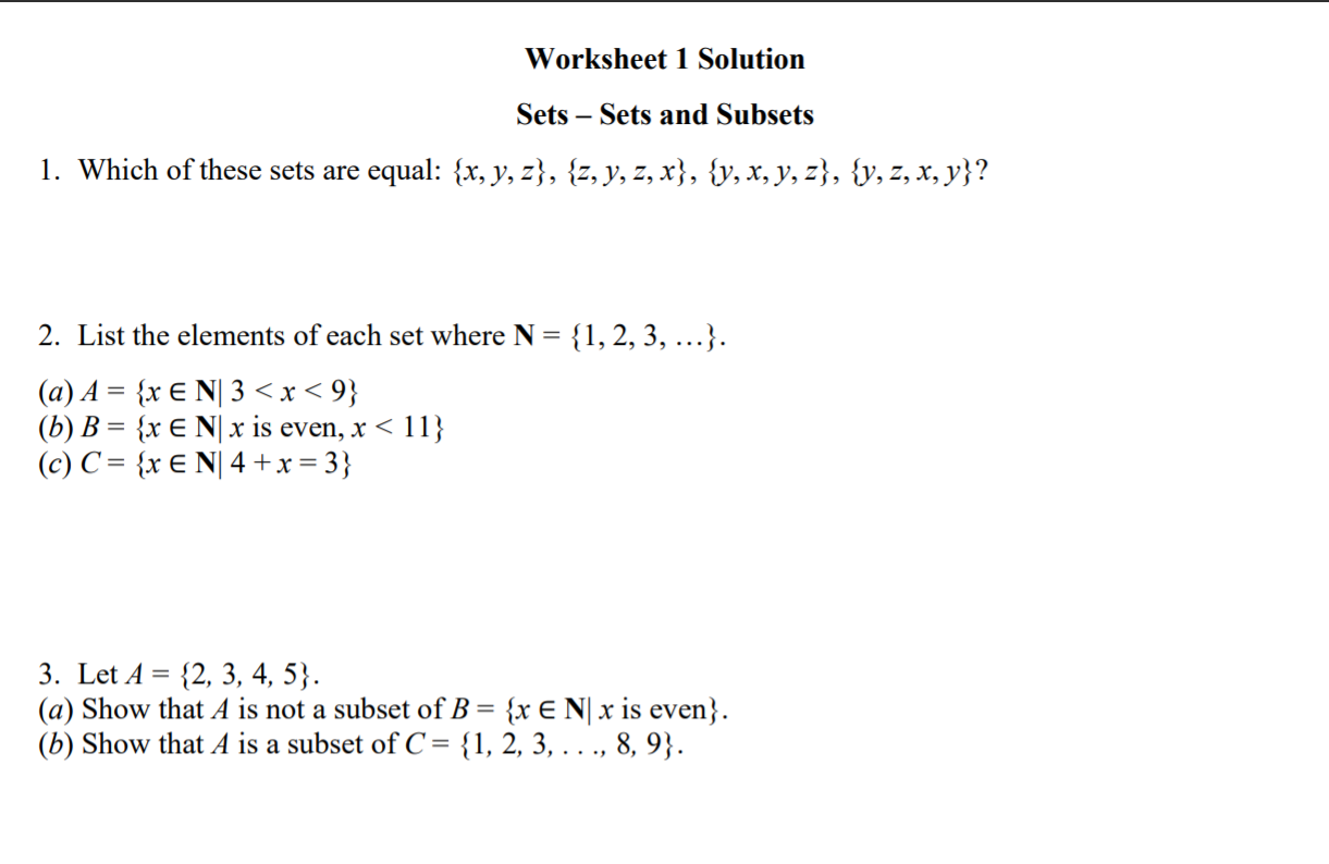 Solved Worksheet 1 Solution Sets - Sets and Subsets 1. Which | Chegg.com