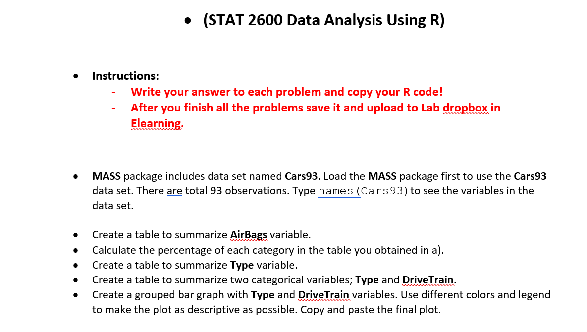 Solved • (STAT 2600 Data Analysis Using R) Instructions: | Chegg.com