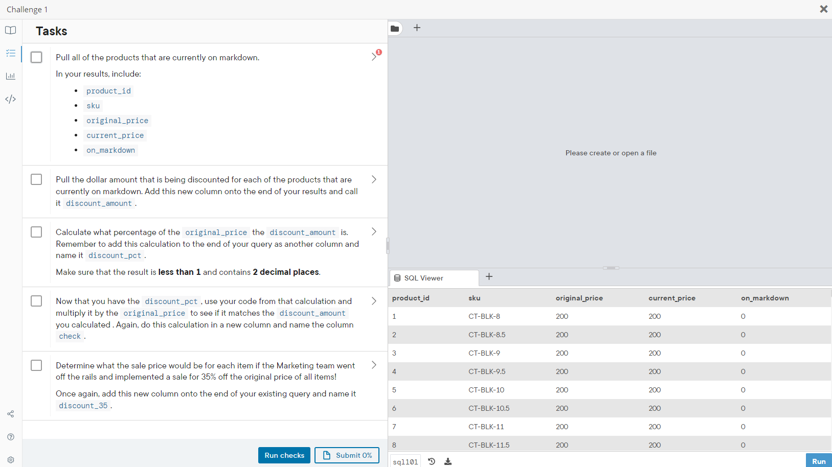 Pull all of the products that are currently on markdown.
In your results, include:
- product_id
- sku
- original_price
- curr