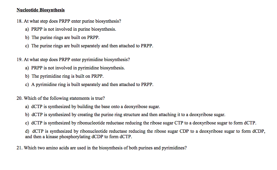 Solved Nucleotide Biosynthesis 18. At what step does PRPP | Chegg.com