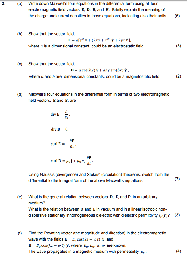 Solved (a) Write Down Maxwell's Four Equations In The | Chegg.com