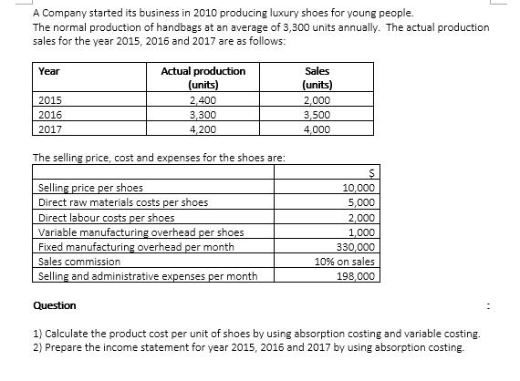 Solved A Company started its business in 2010 producing | Chegg.com