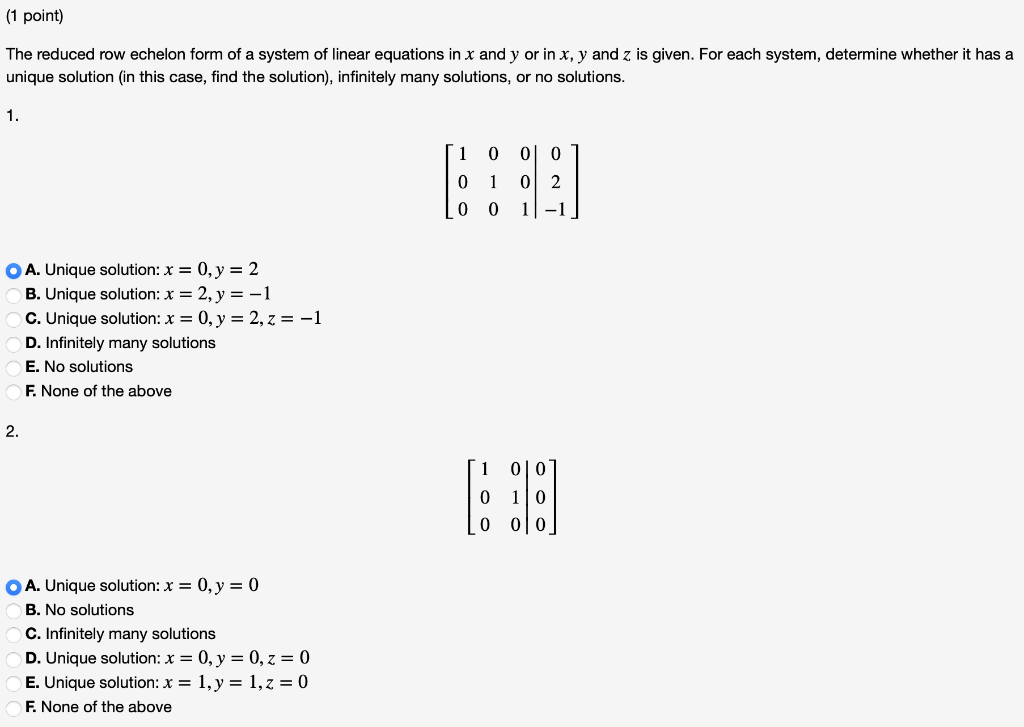 Solved (1 point) The reduced row echelon form of a system of | Chegg.com