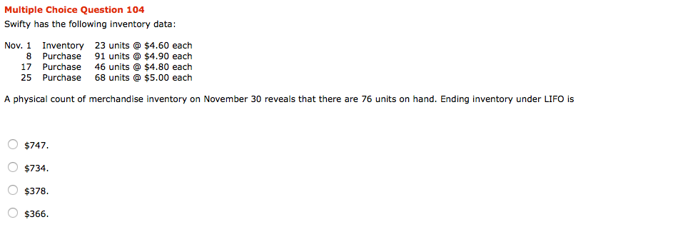 Solved Multiple Choice Question 104 Swifty has the following | Chegg.com