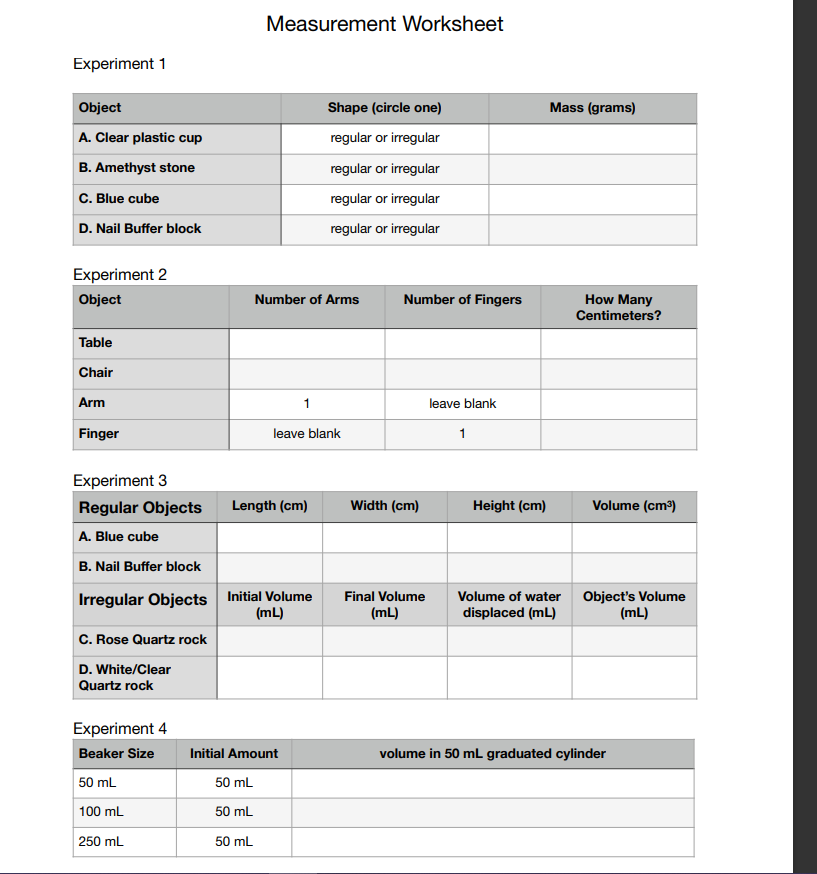 Measurement Worksheet Experiment 1 Fxneriment 2 | Chegg.com