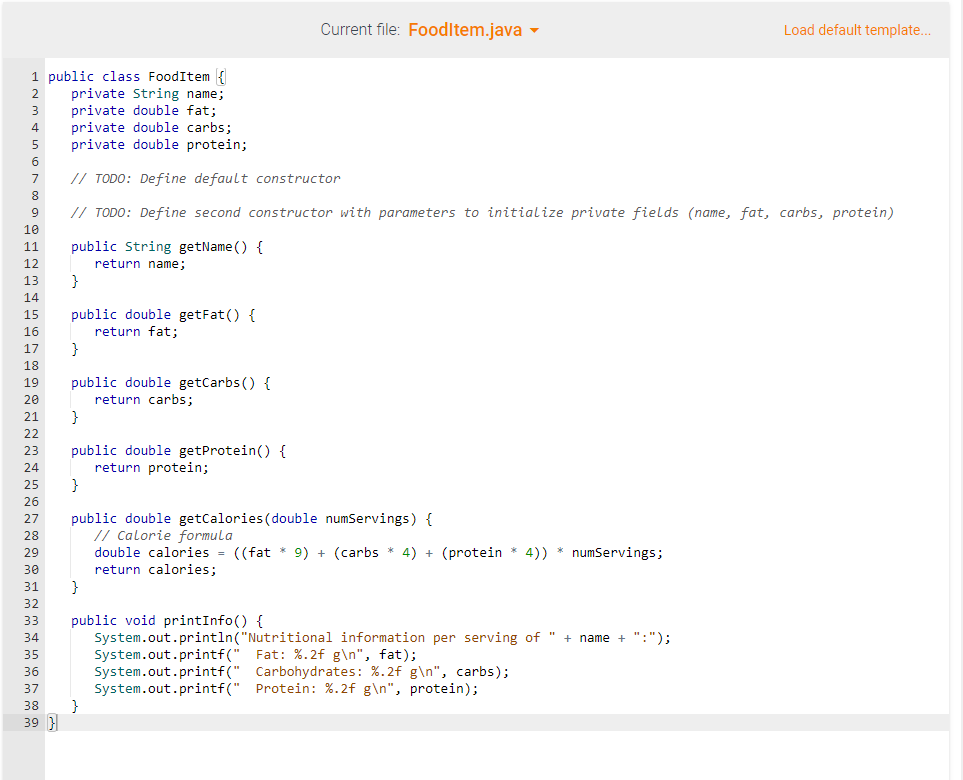 Solved Given main(), complete the FoodItem class (in | Chegg.com