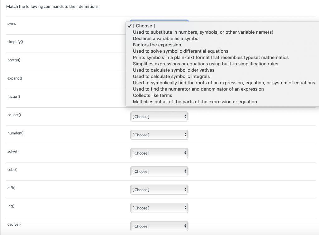 Solved Match the following commands to their definitions: | Chegg.com