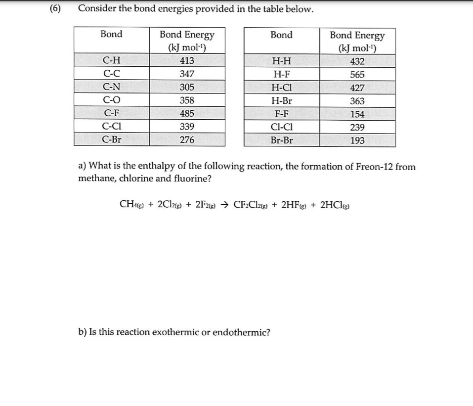 Solved (6) Consider The Bond Energies Provided In The Table | Chegg.com