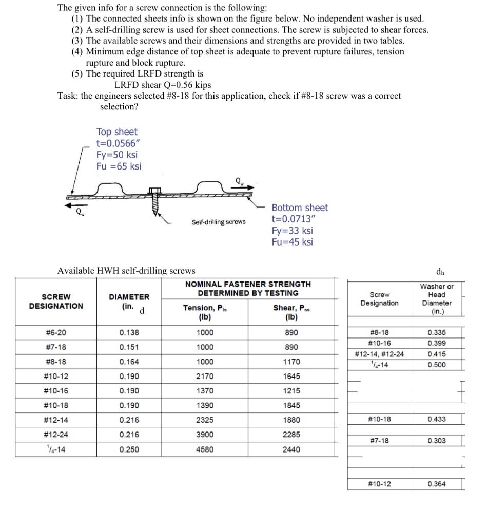 The given info for a screw connection is the | Chegg.com